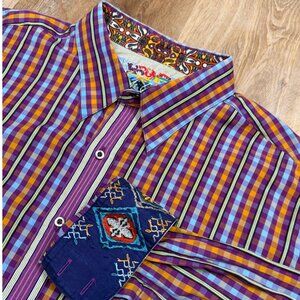 Robert Graham Mens Plaid Check Embroidered Flip Cuff Button Down Shirt 2XL